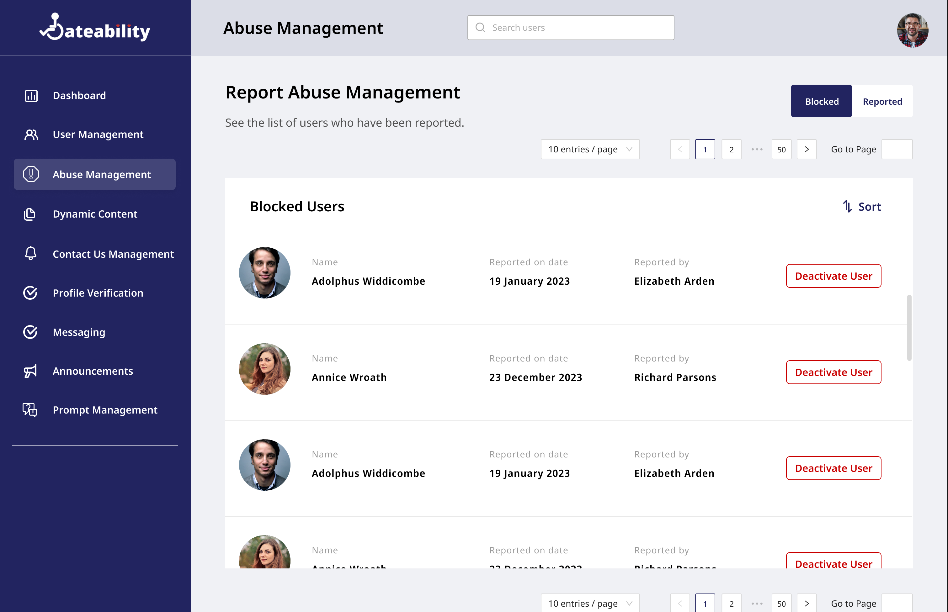 Dateability Admin screenshot
