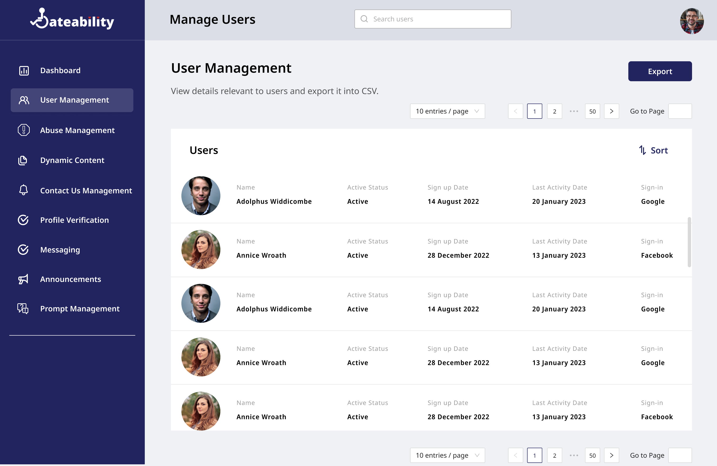 Dateability Admin screenshot